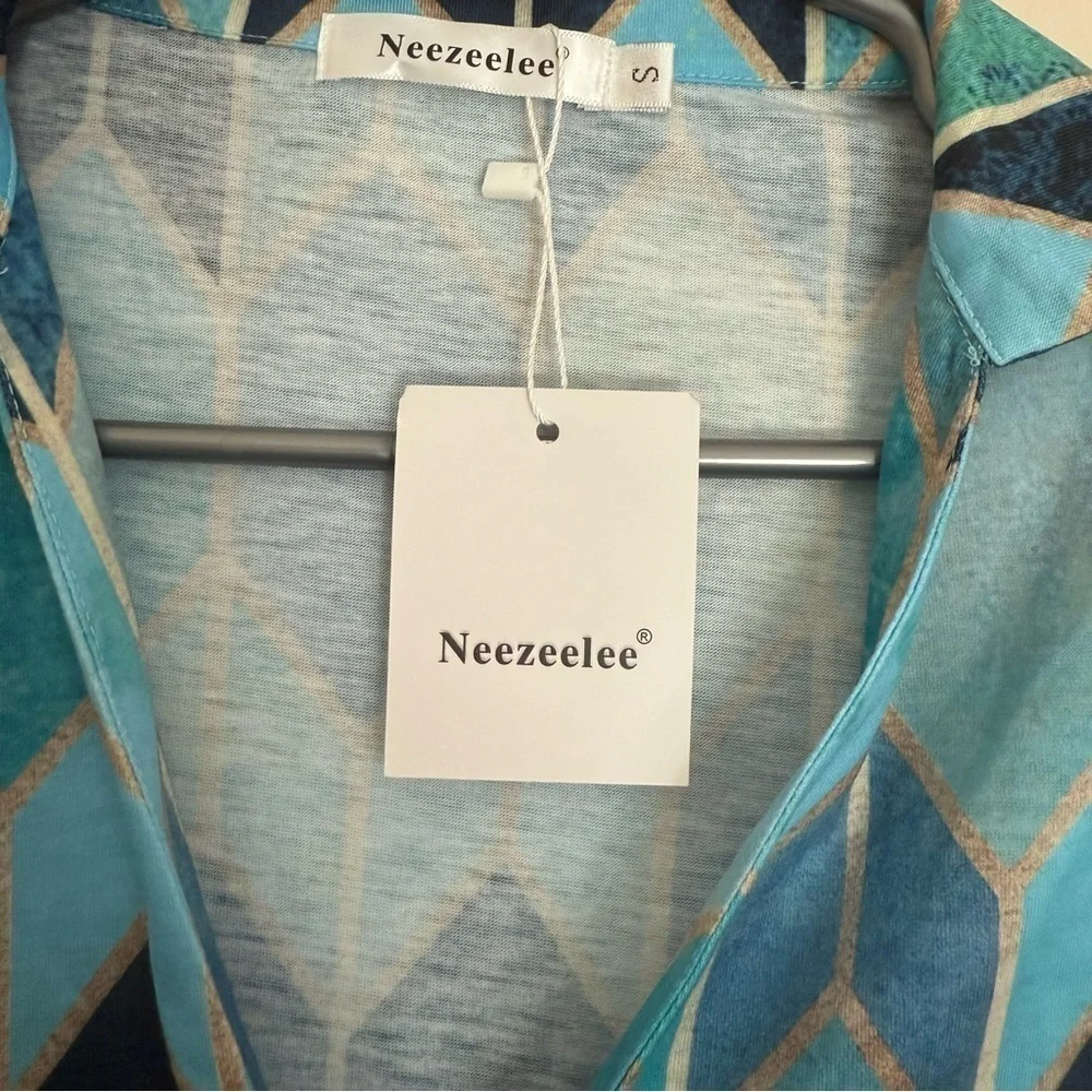 NWT Neezeelee s Color Block Casual Tunics Collar Long Sleeve V Neck Blouse